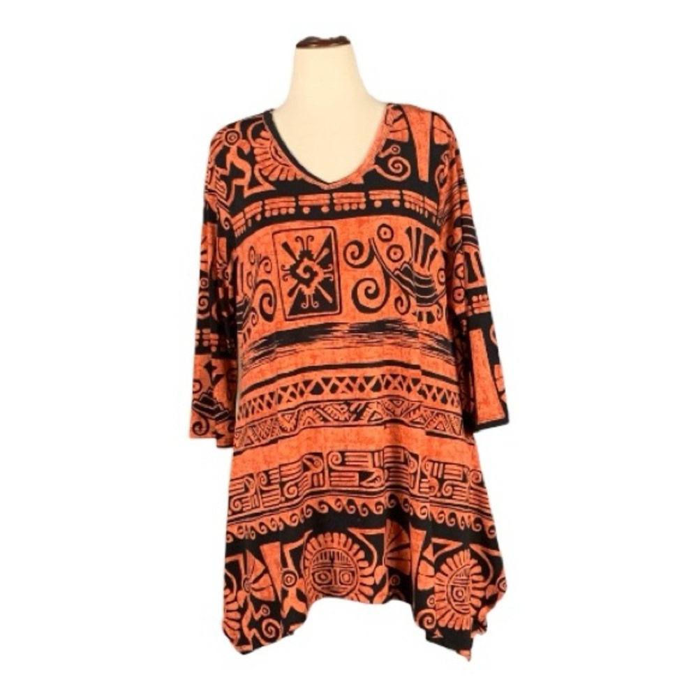Vtg Jostar Lightweight Orange Black Geometric Aztec Print Blouse Flowy  Size‎ 2X